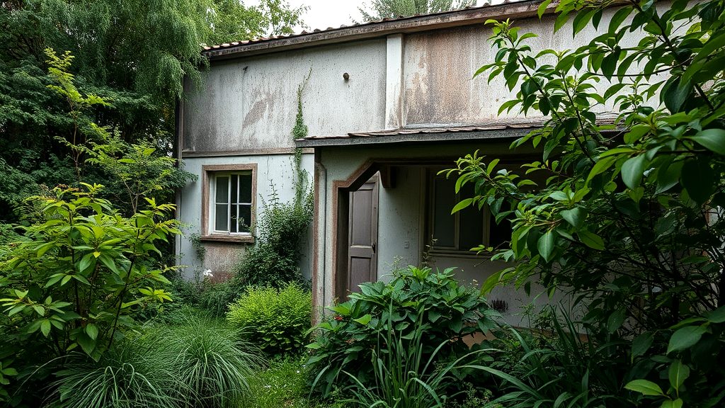 Exterior view of a neglected property surrounded by an overgrown garden