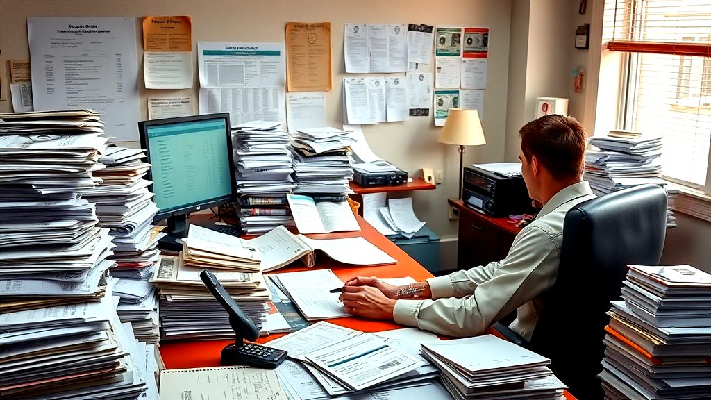 A real estate office desk filled with paperwork and reports. Highlighting the hard work behind every property transaction.