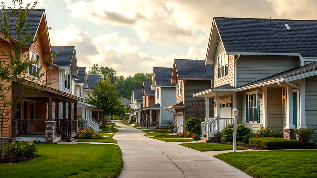 A serene residential street lined with modern homes and green lawns under a bright sky.