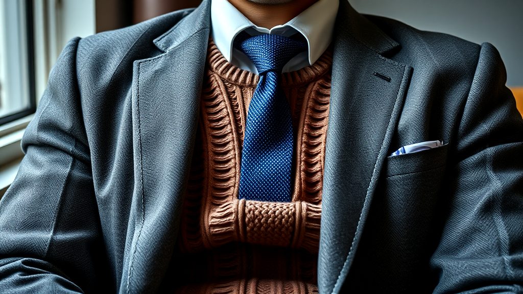 Close-up of a professional wearing a tailored suit, tie, and sweater, reflecting business formality