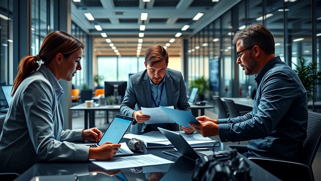 Real estate team in a modern office reviewing documents and collaborating, with laptops and papers spread on the table under bright lighting