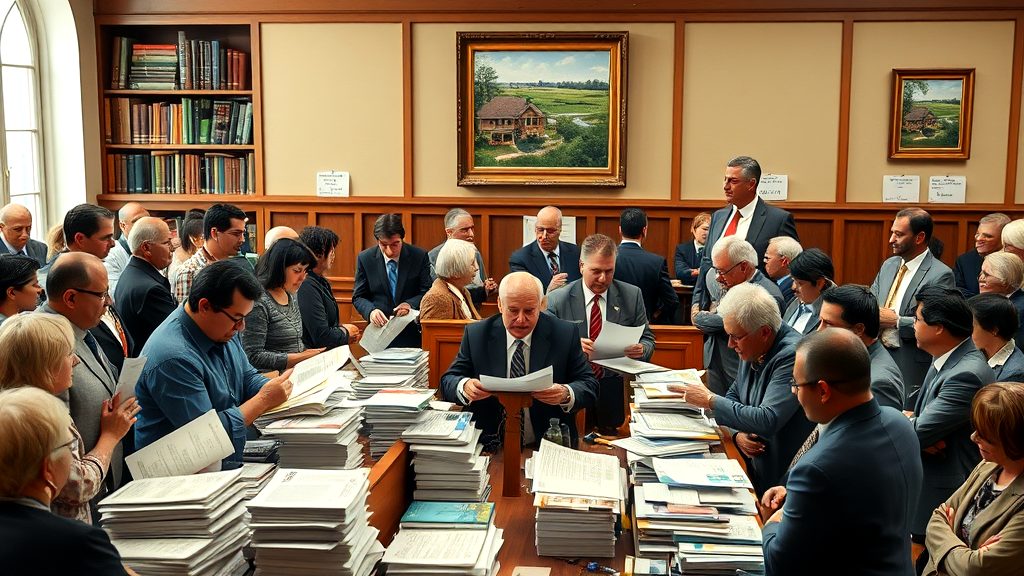 Large group of people gathered in a meeting room with stacks of paperwork during a real estate auction