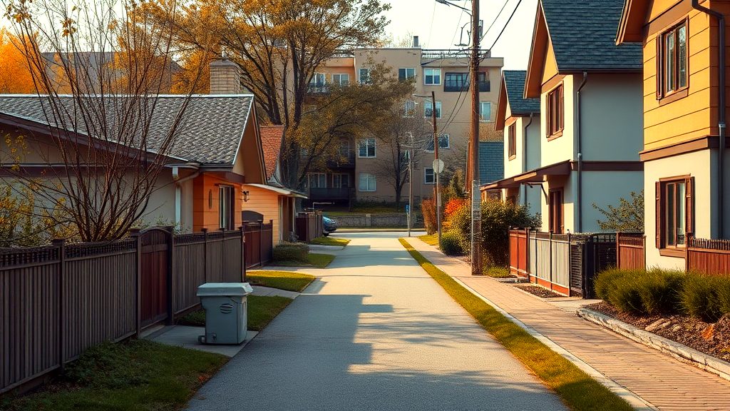 Quiet residential neighborhood with modern homes, fenced yards, and a paved pathway surrounded by autumn trees and warm lighting