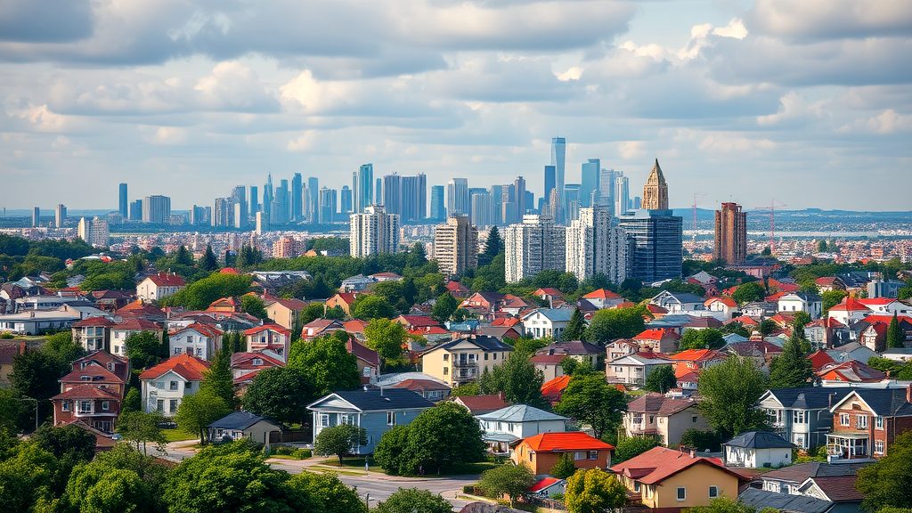 A vibrant suburban neighborhood with red and white houses surrounded by greenery, set against a modern city skyline under a partly cloudy sky.