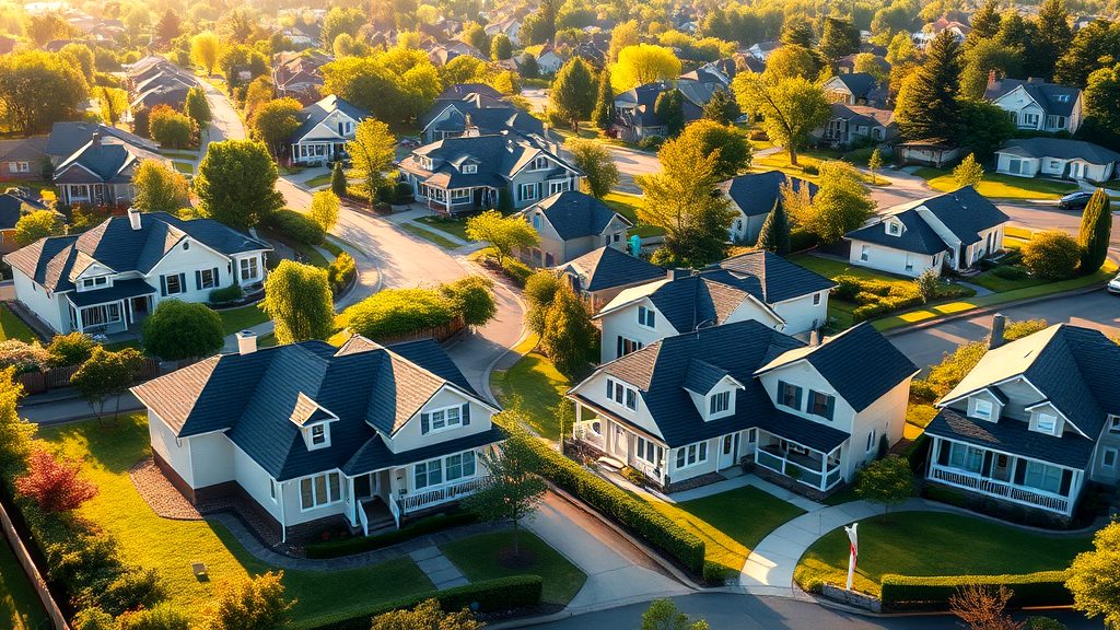 Aerial view of a picturesque suburban neighborhood. Discover your dream home in this charming, well-planned community.