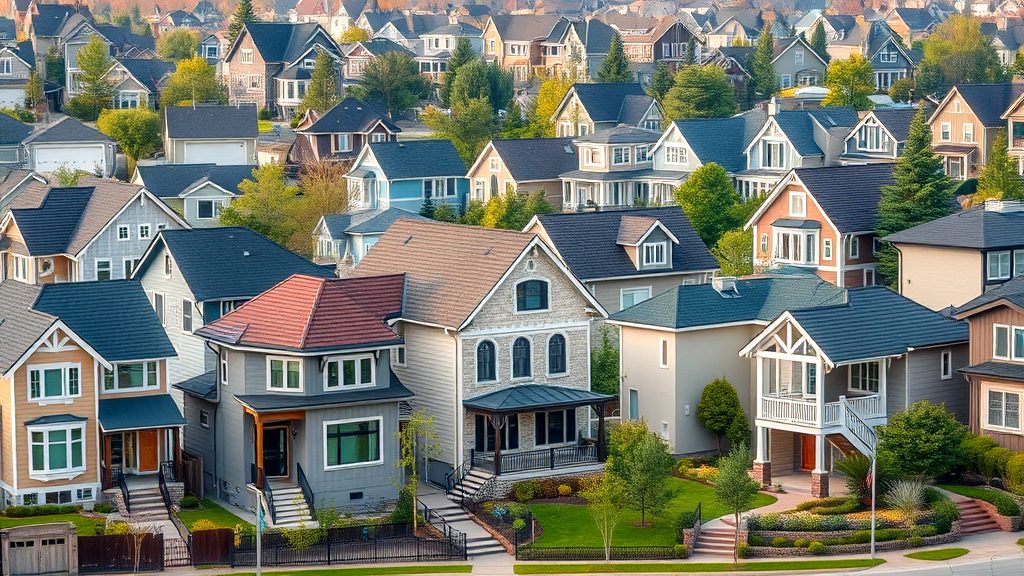 Aerial view of a vibrant suburban neighborhood with various modern homes and greenery.