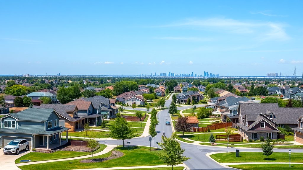 A well-maintained suburban street with modern homes, lush green lawns, and a clear view of a distant city skyline under a bright blue sky.