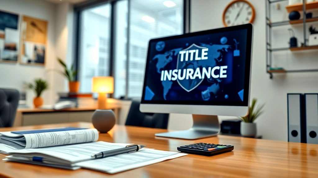 Computer screen displaying "Title Insurance" in a modern real estate office with documents, calculator, and decor in the background