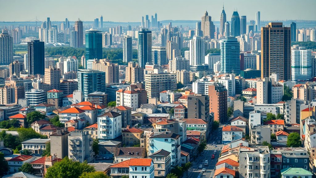 A dynamic urban landscape featuring modern skyscrapers, mid-rise buildings, and a vibrant residential area with red-roofed homes under a clear sky.