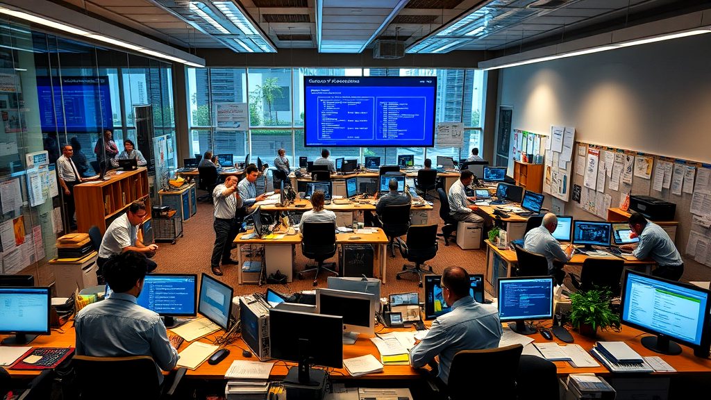 A collaborative office environment with employees working at desks, a large screen displaying information, and a modern, organized setup