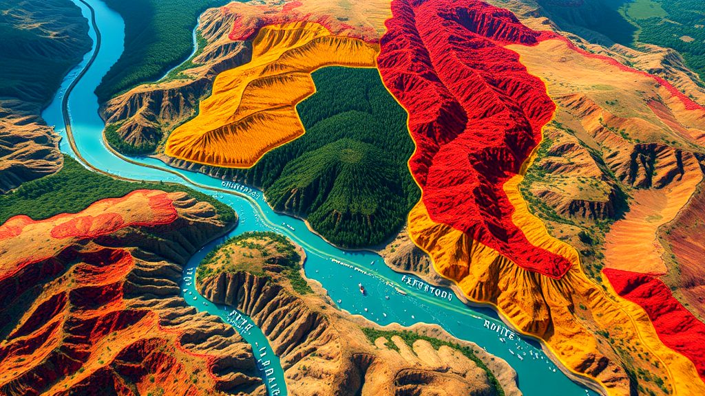 Aerial view of a winding turquoise river surrounded by vibrant red, orange, and yellow hills with green forested areas, featuring boats and labeled geographic points for educational purposes