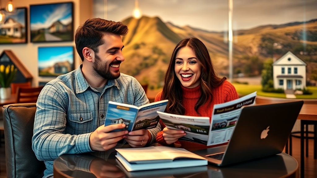 A cheerful couple reviewing real estate brochures and using a laptop in a modern real estate office, with scenic property images in the background