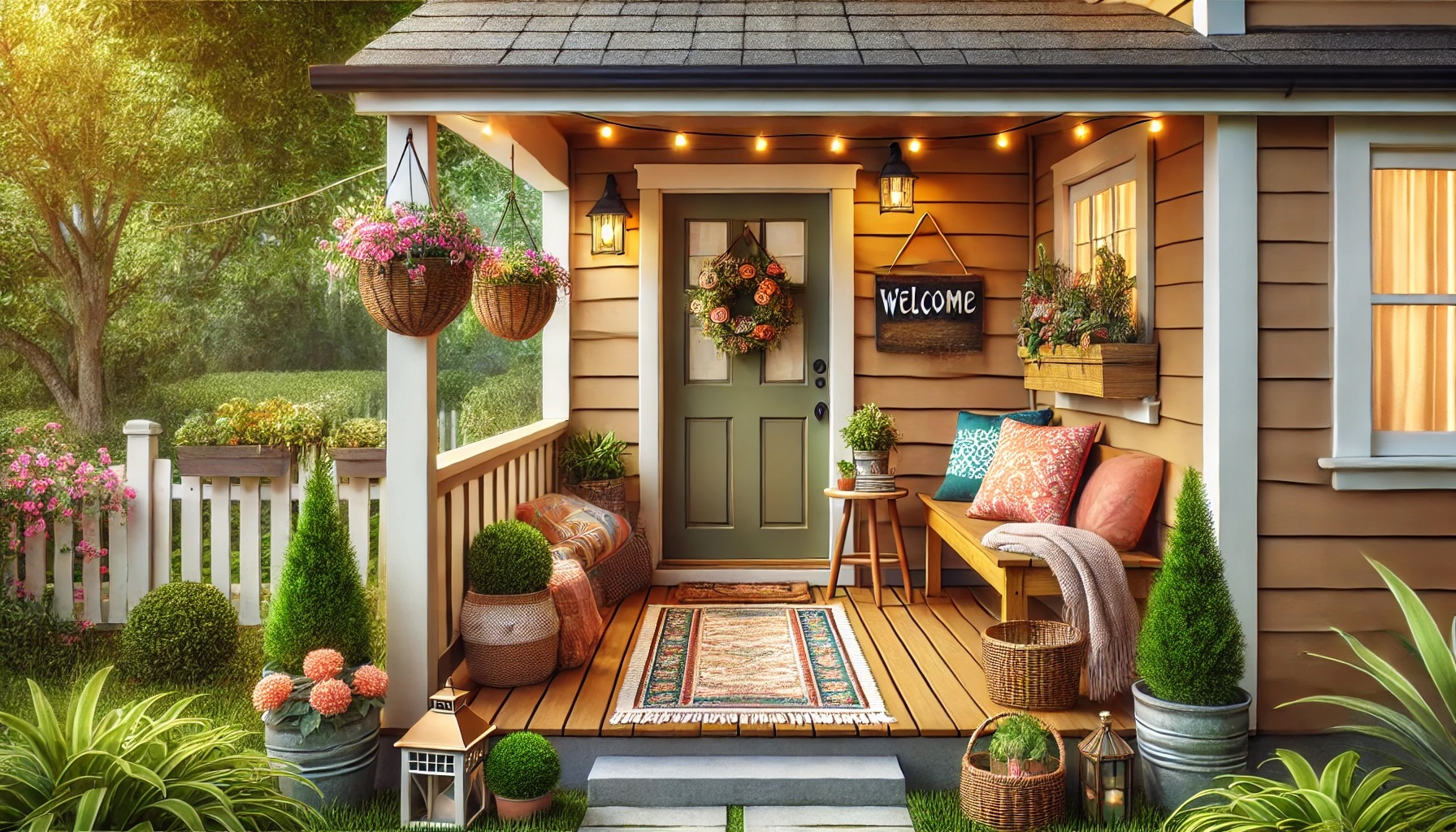 image of a small front porch with cozy decor and inviting details.