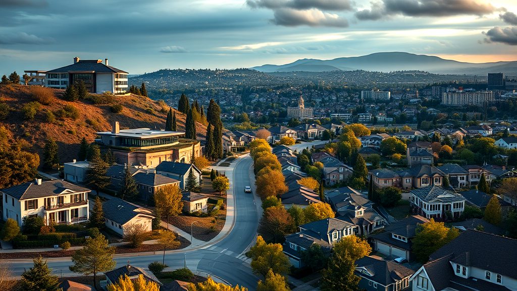 An elevated view of luxury hilltop homes surrounded by lush greenery and a sprawling California cityscape in the background under a dramatic evening sky.