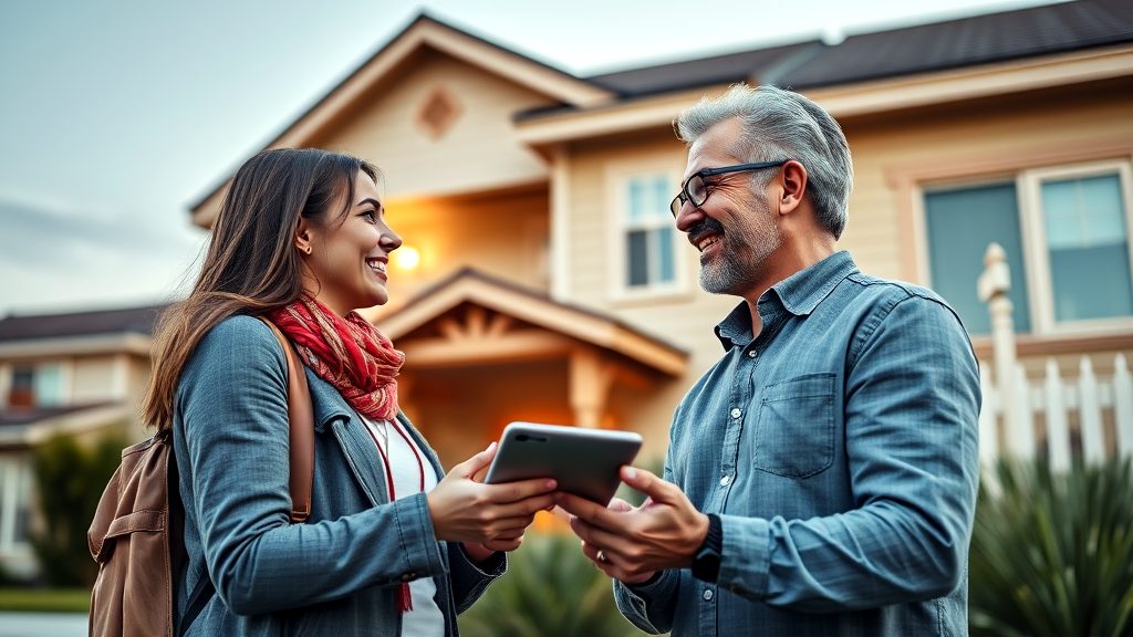 A real estate agent and a happy client discussing home details with a tablet in hand, standing in front of a beautiful suburban home at dusk