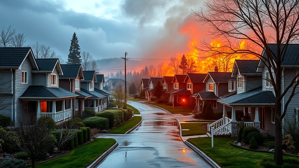 Residential neighborhood with neatly lined houses and green lawns under a fiery sky caused by a nearby wildfire, illustrating the contrast between tranquility and looming danger.