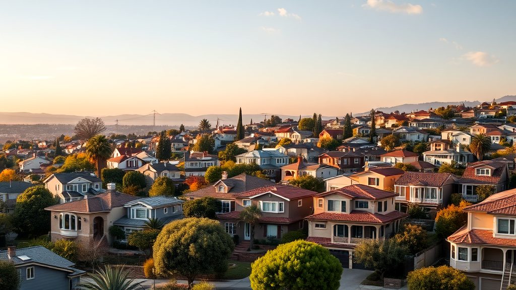 A scenic view of suburban homes in Tulare County, California, captured at sunset, showcasing vibrant rooftops, lush greenery, and a serene neighborhood atmosphere