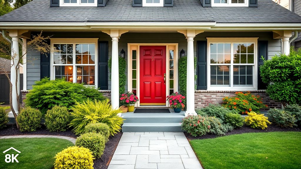 Stunning home with a bold red door, lush landscaping, and a welcoming front porch, showcasing great curb appeal.