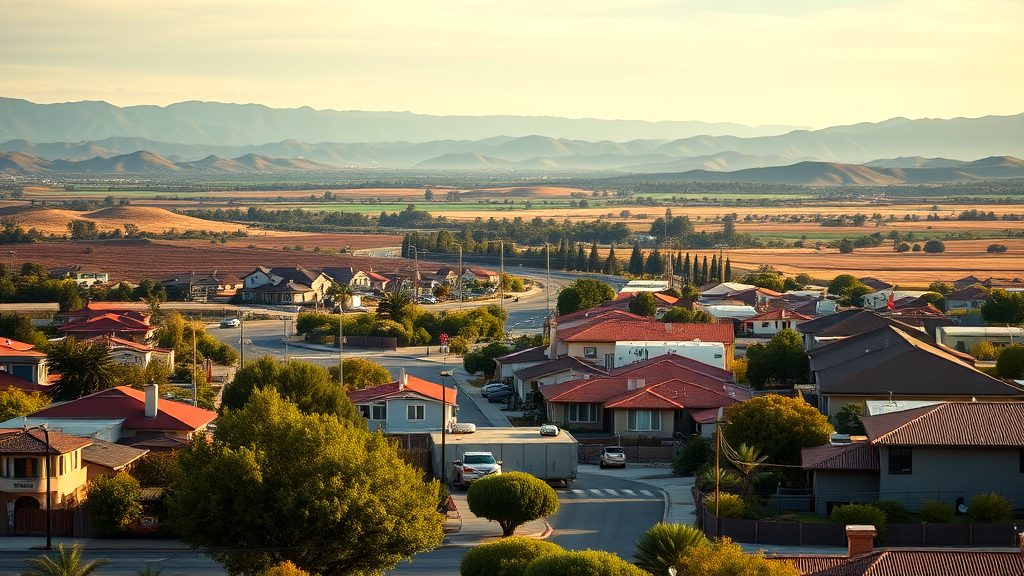 Scenic suburban neighborhood in California with red-roofed homes, lush greenery, and a breathtaking mountain view at sunset.