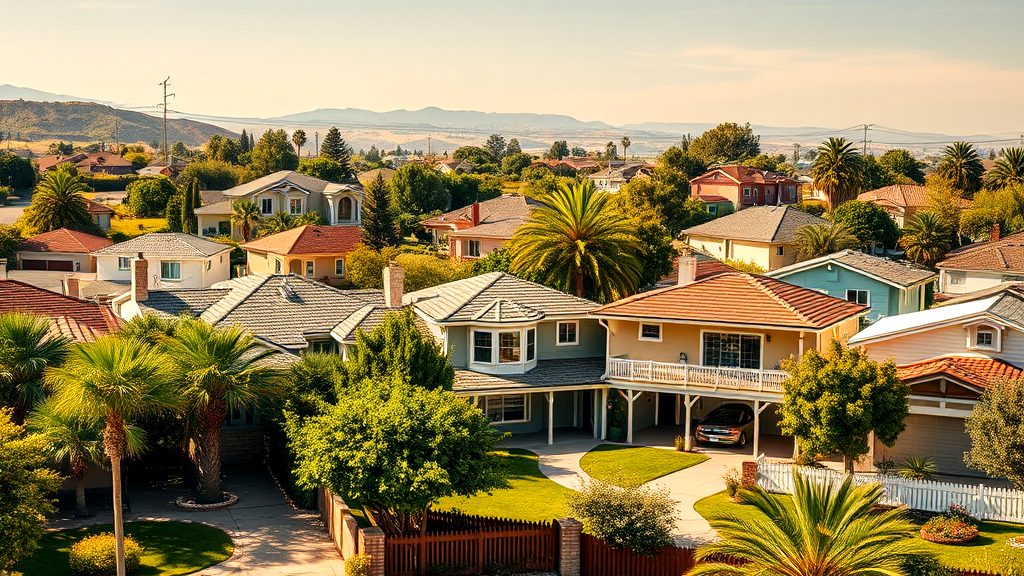 Scenic view of suburban homes in California with lush greenery and mountains in the background, ideal for real estate investment.