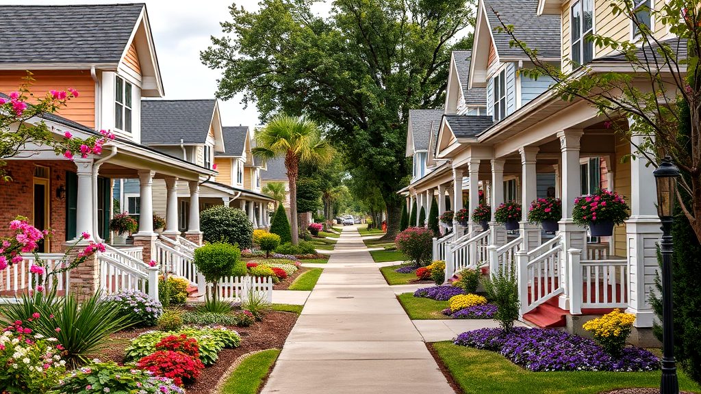 Picturesque suburban street with colorful homes, front porches, and beautifully landscaped gardens, perfect for family living