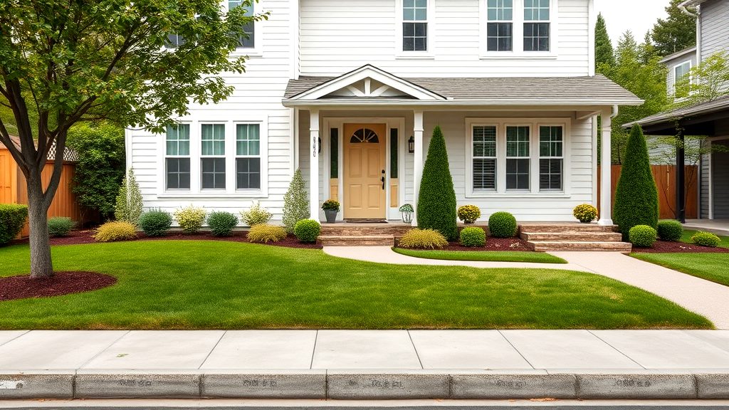 Elegant white house with a manicured green lawn, neatly trimmed bushes, and a welcoming front entrance, showcasing excellent landscaping