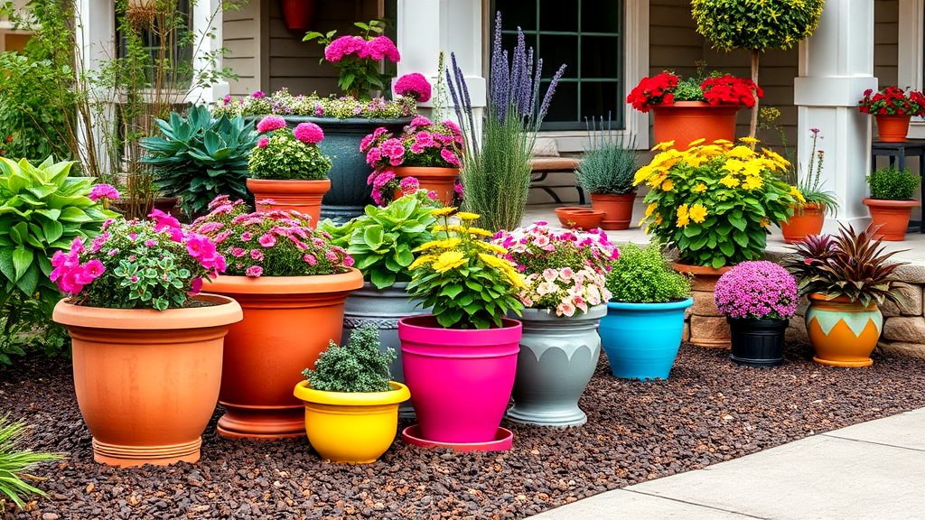 A beautifully arranged collection of colorful potted plants decorating a front porch, adding charm and curb appeal to a home