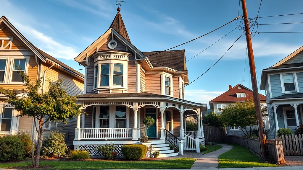 Charming Victorian-style home with a front porch and well-manicured lawn in a California neighborhood, perfect for real estate buyers.