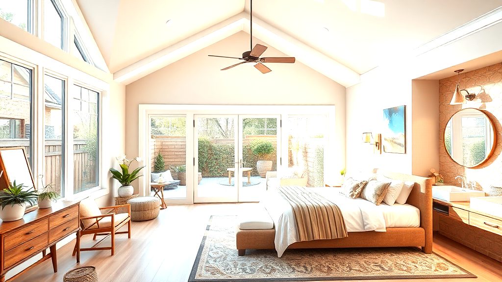 A bright, airy bedroom with a vaulted ceiling, large windows, a sliding glass door leading to a patio, and warm-toned wooden furniture alongside indoor plants.