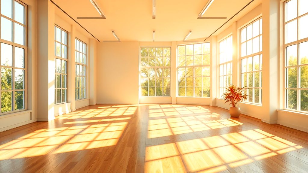 A bright, spacious room with large windows, hardwood flooring, and warm natural sunlight, featuring a single potted plant in the corner.