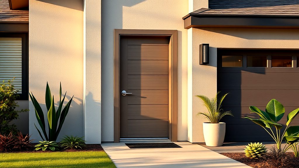 A modern home's entrance featuring a sleek wooden front door, adjacent garage, and potted plants in a clean, contemporary design.