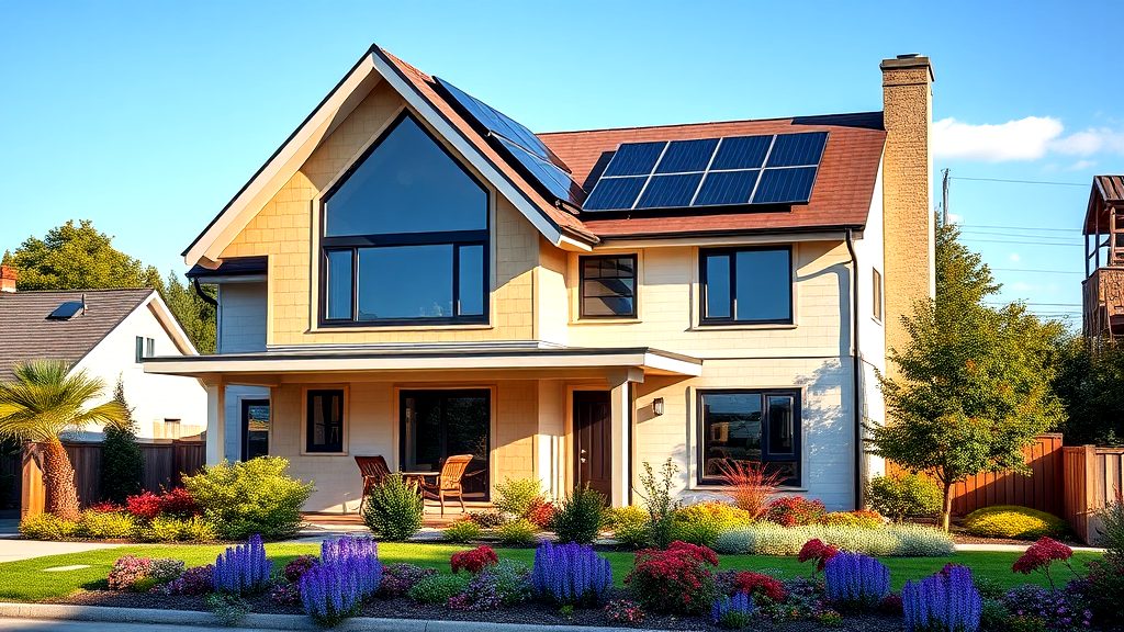 A modern two-story house featuring solar panels on the roof, large windows, a covered porch, and a vibrant front garden with colorful flowers and shrubs.