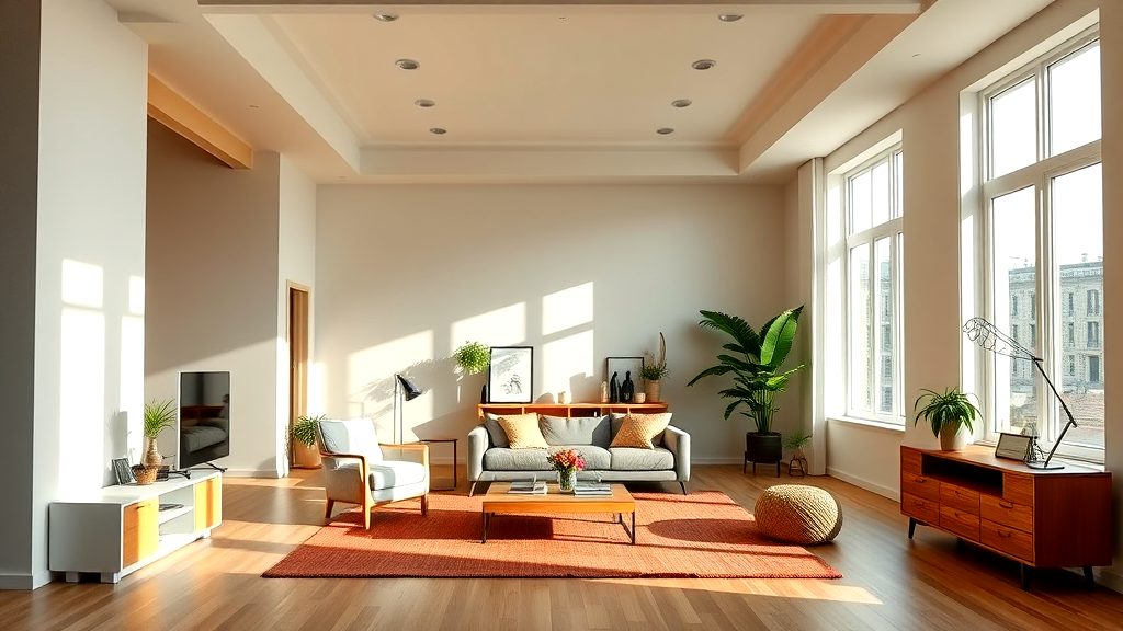 A bright, spacious room with large windows, hardwood flooring, and warm natural sunlight, featuring a single potted plant in the corner.