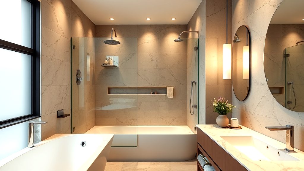 A stylish, modern bathroom with a glass-enclosed shower, built-in bathtub, marble-style tiles, and a sleek vanity featuring a round mirror.