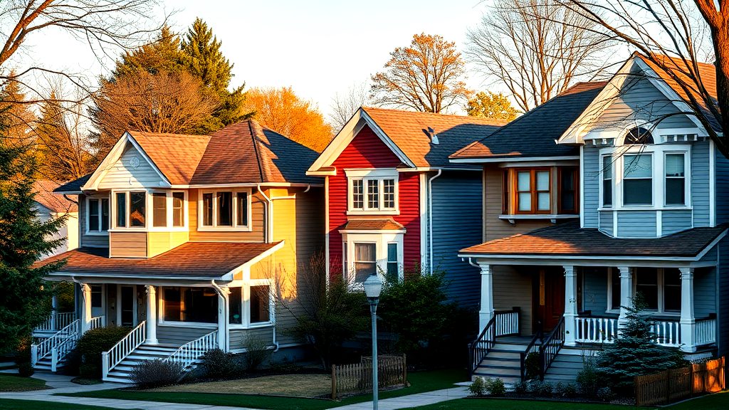 A row of colorful, traditional-style houses with front porches, situated on a tree-lined street in the warm glow of late afternoon sunlight.