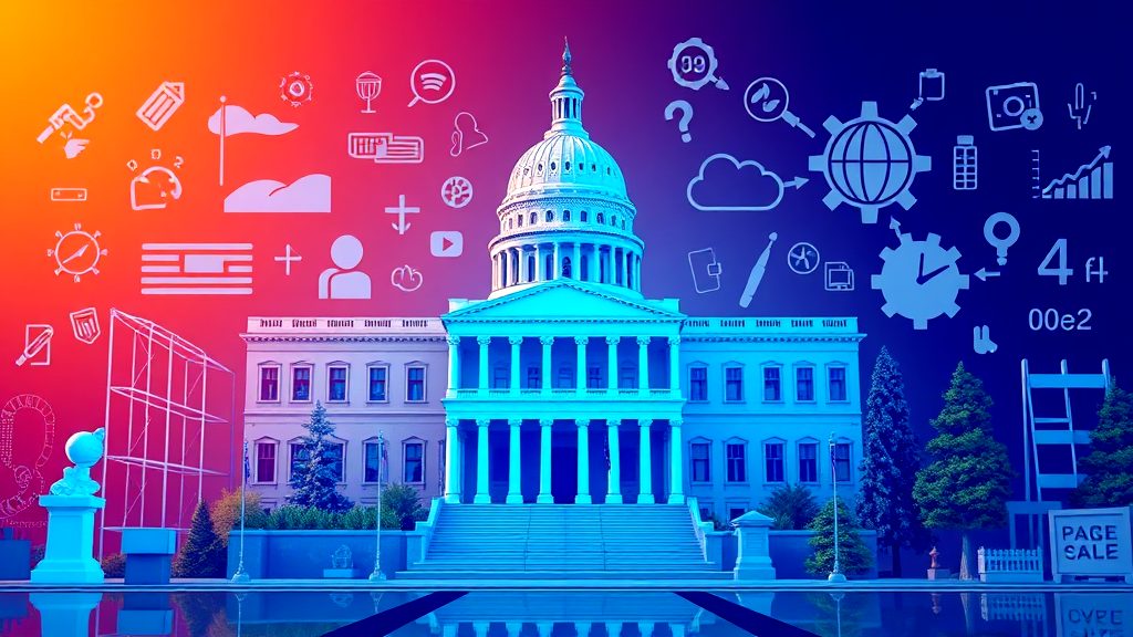 A government building with a vibrant gradient background, overlaid with various digital technology icons representing communication, analytics, and global connectivity.