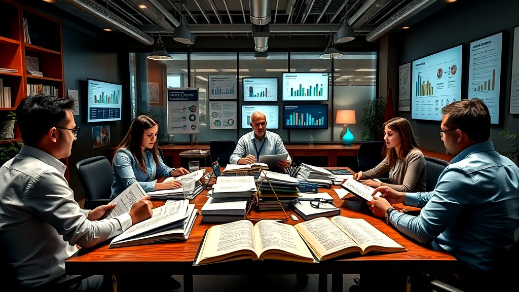 A business team collaborating around a table with stacks of documents, reviewing financial data and charts displayed on large screens in a modern office environment.