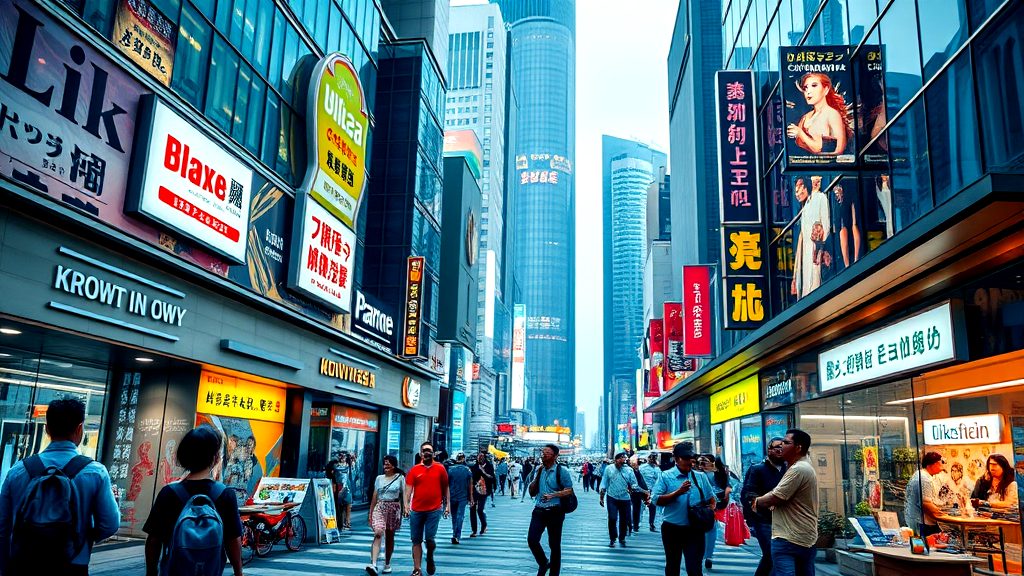 A busy city street with towering buildings, bright billboards, and a crowd of people walking through the urban landscape. The scene captures a modern metropolis filled with advertisements and bustling pedestrians