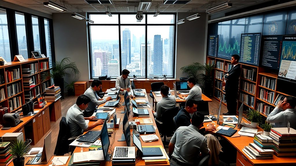 A modern office space with a group of professionals working on laptops, analyzing financial data displayed on large screens, with a stunning city skyline visible through the windows.