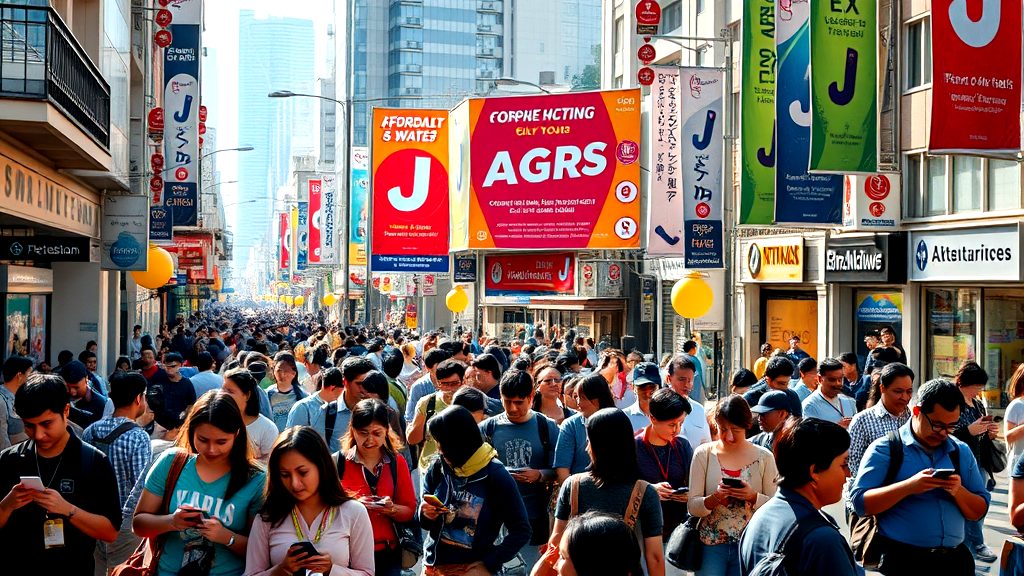 Large crowd walking through a vibrant city street lined with colorful banners and storefronts, many people looking at their phones amid an urban tech-focused festival.