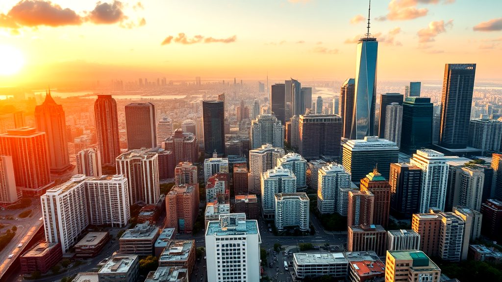 Aerial view of a modern city skyline at sunset with golden light reflecting off high-rise buildings and urban landscape