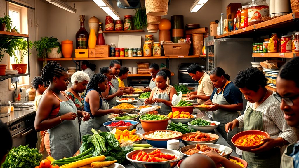 Group of people in aprons participating in a community cooking class, preparing traditional African dishes with fresh vegetables and spices in a vibrant kitchen