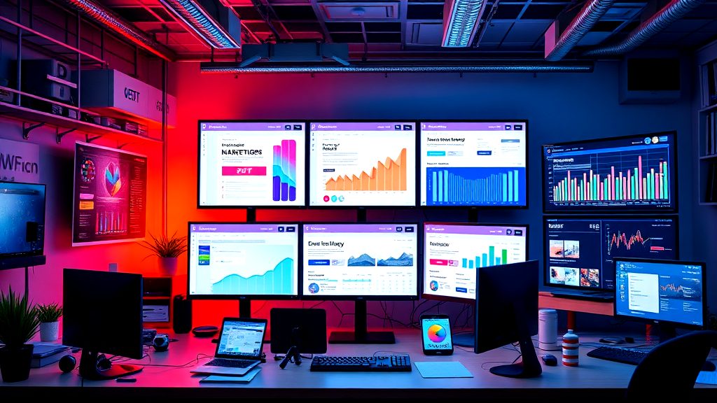 High-tech command center with multiple digital screens displaying graphs, charts, and data analytics in a colorful illuminated workspace
