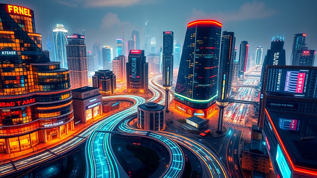 Colorful futuristic city skyline at night with neon-lit skyscrapers and glowing highway light trails weaving through the urban landscape