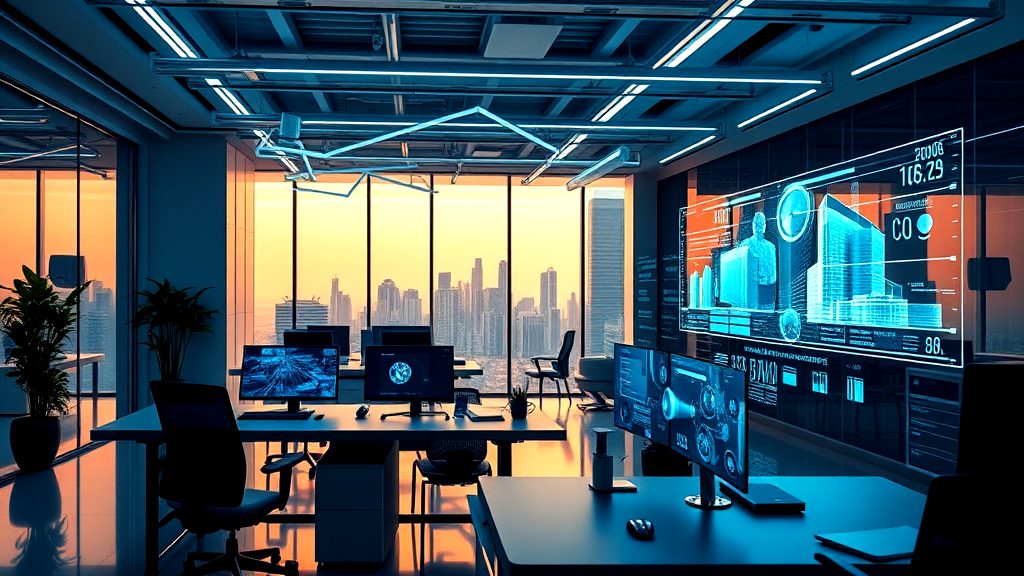 High-tech office with data visualization panels and multiple monitors, overlooking a city skyline during a vibrant sunset