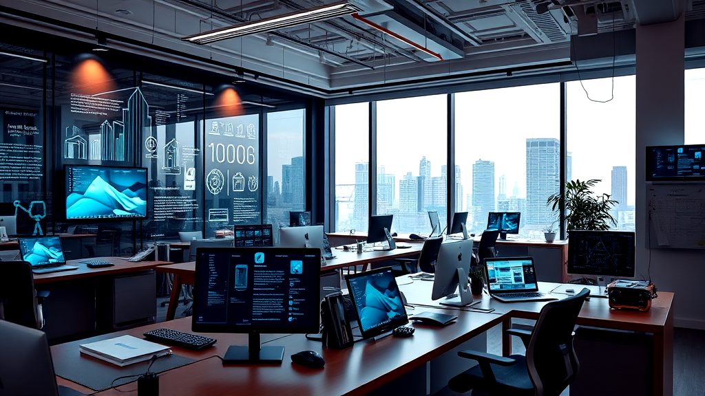 Futuristic open-concept tech office with digital screens, modern workstations, and a panoramic city skyline view through large windows