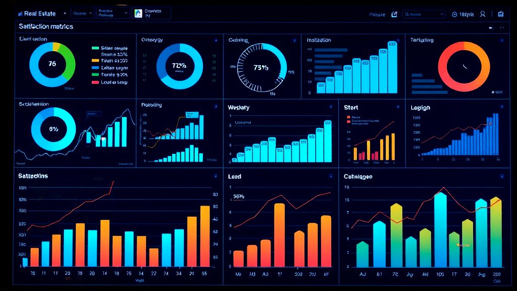 Real estate performance dashboard displaying colorful charts, graphs, and satisfaction metrics for market analysis and client engagement
