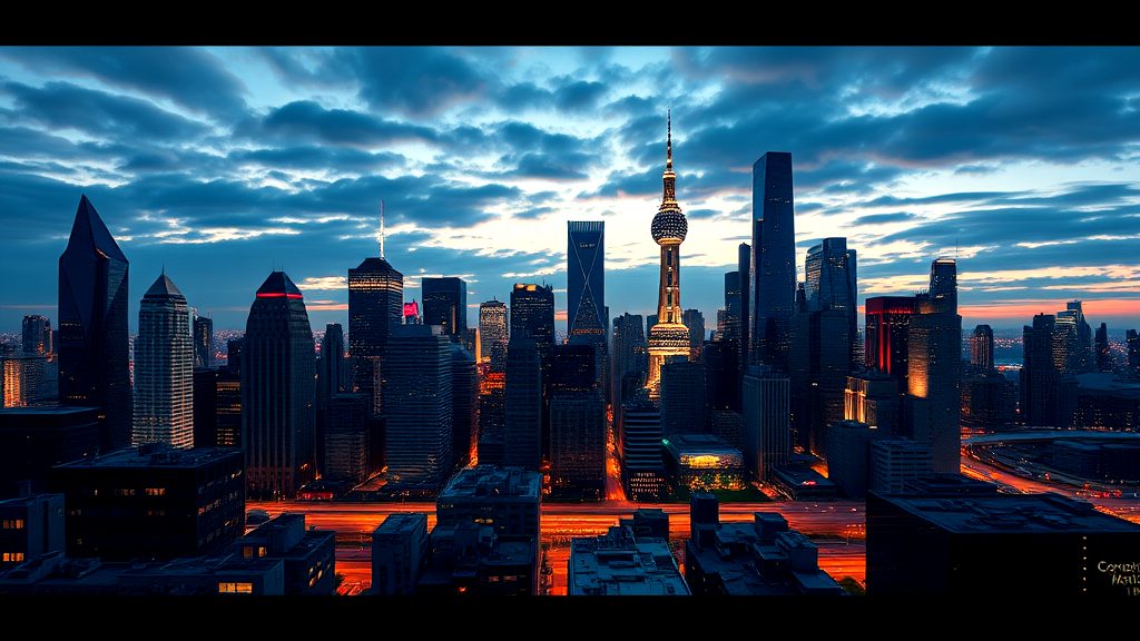 Aerial view of the Shanghai skyline at dusk with the Oriental Pearl Tower and modern skyscrapers illuminated under a dramatic cloudy sky