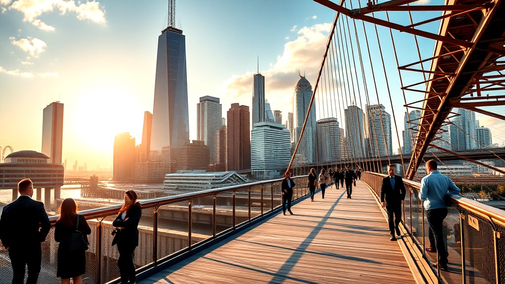 People walking and conversing on a modern pedestrian bridge with a futuristic city skyline and sunset in the background