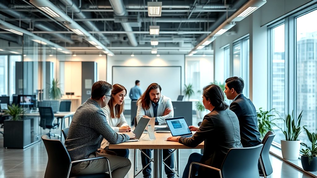 Group of diverse professionals in a modern office having a team meeting around a conference table with laptops and city views in the background